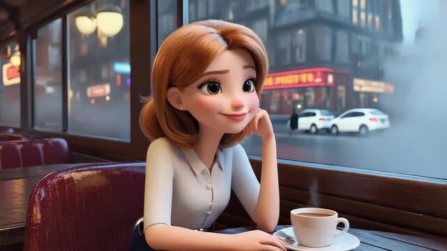 Young woman daydreams in cozy cafe with steaming coffee, city street visible outside window