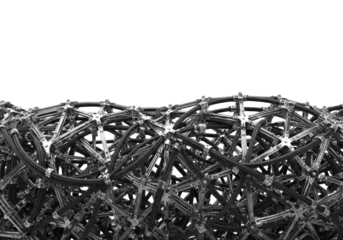 Interwoven matte black industrial cables & polished chrome components form a complex engineered vine, isolated on transparent with copy space, concept of advanced mechanical engineering