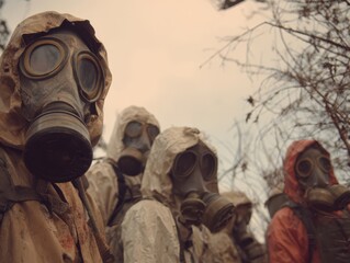 Mysterious figures in gas masks emerge from desolate landscape, hinting at survival and unknown dangers ahead.