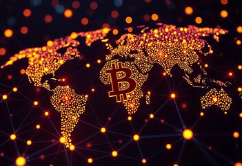 Bitcoin global network visualized as glowing nodes and connections, global,  market