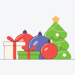 Vector art of festive christmas tree with ornaments and gift boxes