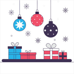 Vector art of festive christmas ornaments and gift boxes with snowflakes