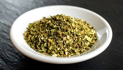 A close-up view of a small, white dish filled with a vibrant blend of dried herbs and spices, displaying various shades of green and yellow.