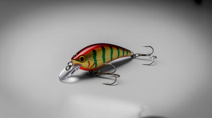 Realistic Fishing Lure with Red and Green Stripes and Sharp Hooks on a White Background bait