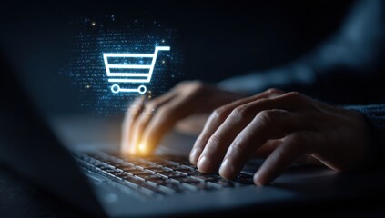 Hands typing on a laptop with a shopping cart icon overlay