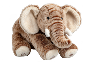 A soft, brown plush elephant toy with large ears, a long trunk, white tusks, and embroidered feet details.