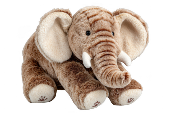 A soft, brown plush elephant toy with large ears, a long trunk, white tusks, and embroidered feet details.