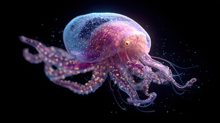 Fantasy Glowing Sea Creature: Jellyfish-Octopus Hybrid with Sparkles in Deep Dark Ocean