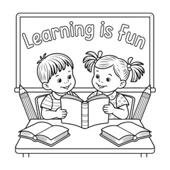 Two happy children reading books at a desk with a blackboard saying learning is fun silhouette