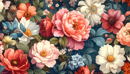 A vibrant floral pattern showcases a profusion of blossoms in rich tones, including pinks, reds, oranges, and whites, arranged in a dense bouquet.