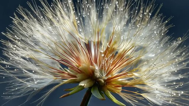 A stunning macro photograph captures the intricate beauty of a fluffy seed head, with each delicate pappus glistening with sparkling morning dew drops.