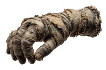 A realistic human hand wrapped tightly in aged, tattered, and textured brown fabric bandages, resembling a mummy's hand.
