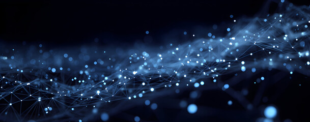Glowing network of blue particles connecting in dark space, representing data flow, communication, and technology with a futuristic and ethereal mood.