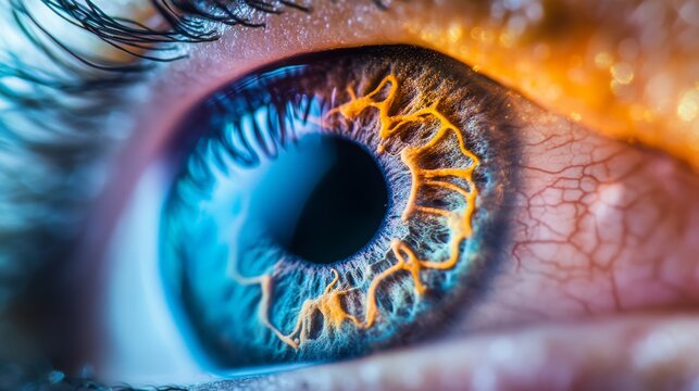 An eye captured in vivid detail. This image showcases stunning colors and patterns in the iris. A blend of blue and orange captures attention. Generative AI