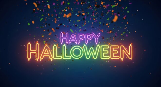 Vibrant neon happy halloween sign with falling confetti against a dark blue, creating a festive and energetic atmosphere for a halloween party or celebration, perfect for a digital display