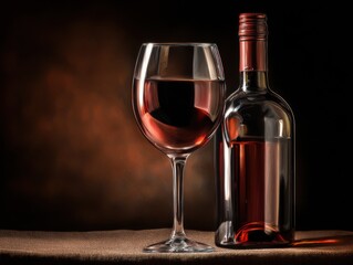 Naklejka premium Elegant wine glass filled with rich red wine beside a clear glass bottle on a textured surface