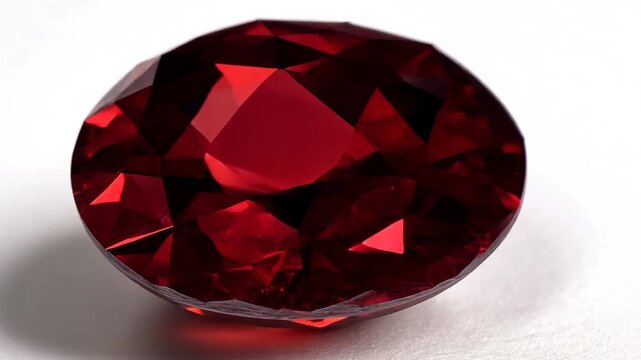 A stunning macro photograph of a brilliantly faceted oval-cut red gemstone, showcasing its deep crimson color and sparkling clarity on a clean white background.