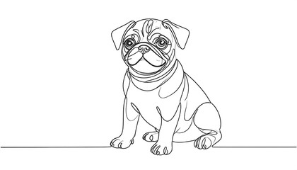 A charming pug puppy is depicted in a single, continuous line drawing.