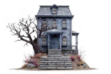 A spooky, old two-story house with a steep roof, boarded windows, stone steps, and a barren twisted tree on the side.