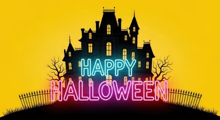 Obraz premium A spooky halloween scene with a haunted house silhouette against a yellow, illuminated by neon lights spelling out happy halloween, creating a festive and eerie atmosphere