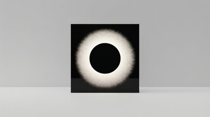 The square image displays an abstract circular graphic within a black border. The circle is black, with a glowing white halo surrounding it.