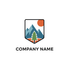 Fototapeta premium Mountain landscape logo with pine tree and sun in shield shape.