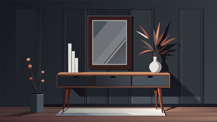 Modern interior design with elegant console table, mirror, and plants creating a sophisticated ambiance