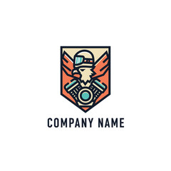 Fototapeta premium Stylized Biker Emblem with Helmet and Winged V-Twin Engine.