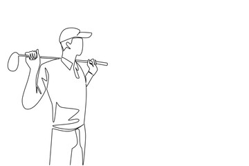 Continuous one line drawing a young man wearing gloves and a hat is putting a golf club on his shoulder. Waiting for his turn. Practice. National Golf Day. Single line draw design vector illustration