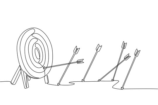Continuous one line drawing more arrows stuck in the ground than the target pad. Lots of practice to perfect. Lack of accuracy. Not on target. Archery Day. Single line draw design vector illustration
