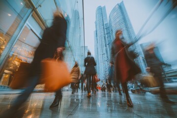 Busy city street scene with blurred figures