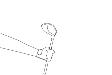 Continuous one line drawing a hand wearing a glove is holding a golf club. Amateur golfers do not need the camera spotlight. Exercise. National Golf Day. Single line draw design vector illustration