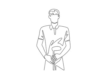 Single continuous line drawing a man wearing gloves holding a golf club. Determined to make a hole in one. Candidate for champion. Competition. National Golf Day. One line design vector illustration