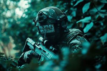 Soldier in tactical gear crouching in dense foliage during a military training exercise