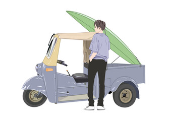 古い三輪トラックにサーフボードを積む男性イラスト