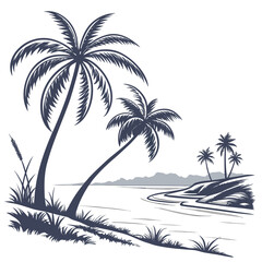 Stylized tropical beach scene with palm trees and ocean waves