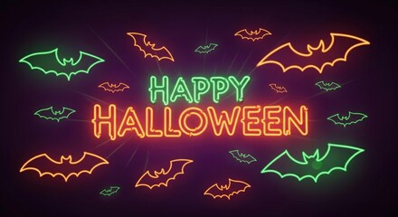 A vibrant neon sign that reads happy halloween surrounded by glowing bats, set against a dark, creating a festive and spooky atmosphere for holiday