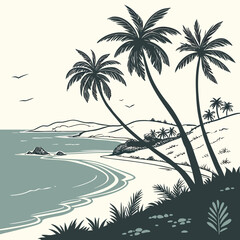Stylized illustration of a tropical beach with palm trees and ocean waves