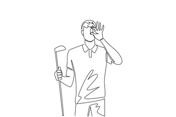 Single one line drawing a man in gloves holds a ball and places it in front of his eyes. Like measuring the distance to a golf hole. National Golf Day. Continuous line design graphic illustration