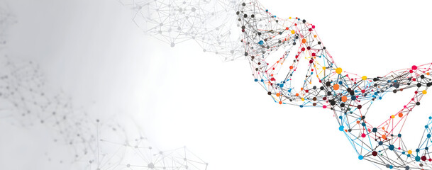 Abstract dna strand connecting on a white surface with colorful nodes representing genetic information and scientific research, creating a modern and technological feel.
