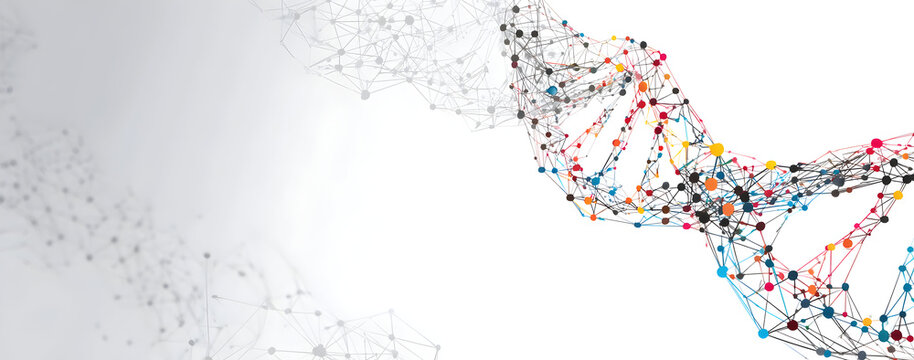 Abstract dna strand connecting on a white surface with colorful nodes representing genetic information and scientific research, creating a modern and technological feel.