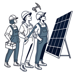 Diverse team of solar panel installers working together on a project