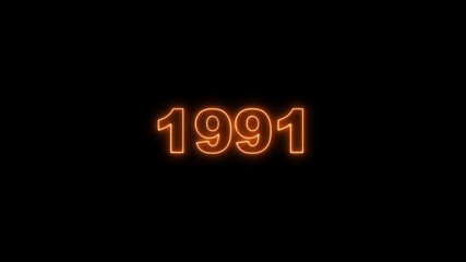 Orange neon glowing number 1991 on a black background year