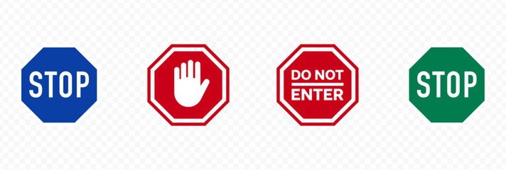 stop sign icon set. stop sign. stop symbol with hand. stop traffic signs. Vector illustration