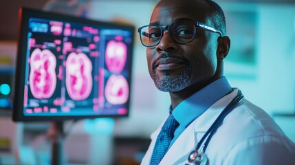 A confident healthcare professional stands by advanced medical imaging technology. The future of diagnostics is here. Explore innovation in healthcare. Generative AI