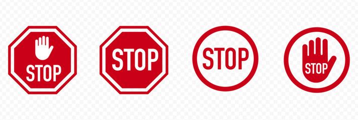 stop sign icon set. stop sign. stop symbol with hand. stop traffic signs. Vector illustration