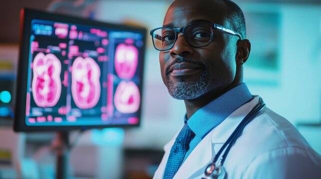 A confident healthcare professional stands by advanced medical imaging technology. The future of diagnostics is here. Explore innovation in healthcare. Generative AI
