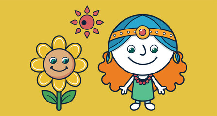 Happy Flower and Bee, Cartoon Garden, Joyful Nature, Smiling Blossom, Animated Bee, Garden Friends, Cute Floral Scene, Nature Animation, Flower and Friend, Cheerful Garden, Cartoon Art, Playful Bee, S