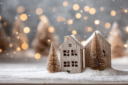 Miniature snowy village scene evokes winter holiday enchantment and tranquility