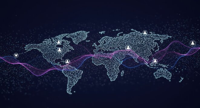 World map with connections depicted by lines and small human icons.